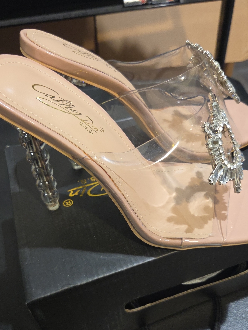 Cathy Jean Pink Clear Jeweled Slide Heels